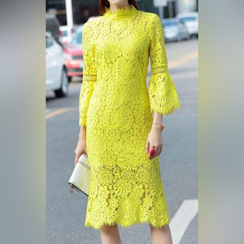 Yellow Lace Bell-Sleeve Midi Dress